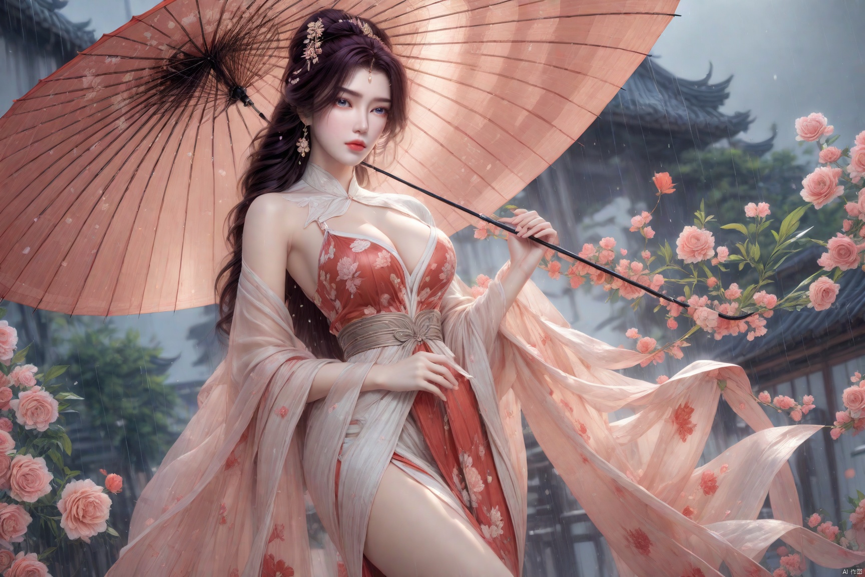  (8k, RAW photo, best quality, masterpiece:1.2),hatching (texture),skin gloss,light persona,artbook,extremely detailed CG unity 8k wallpaper,official art,
(high detailed skin),glossy skin,contrapposto,female focus,sexy,fine fabric emphasis,wall paper,
1girl, umbrella, solo, flower, hair ornament, rain, earrings, jewelry, long hair, holding umbrella, dress, holding, breasts, chinese clothes, blue eyes