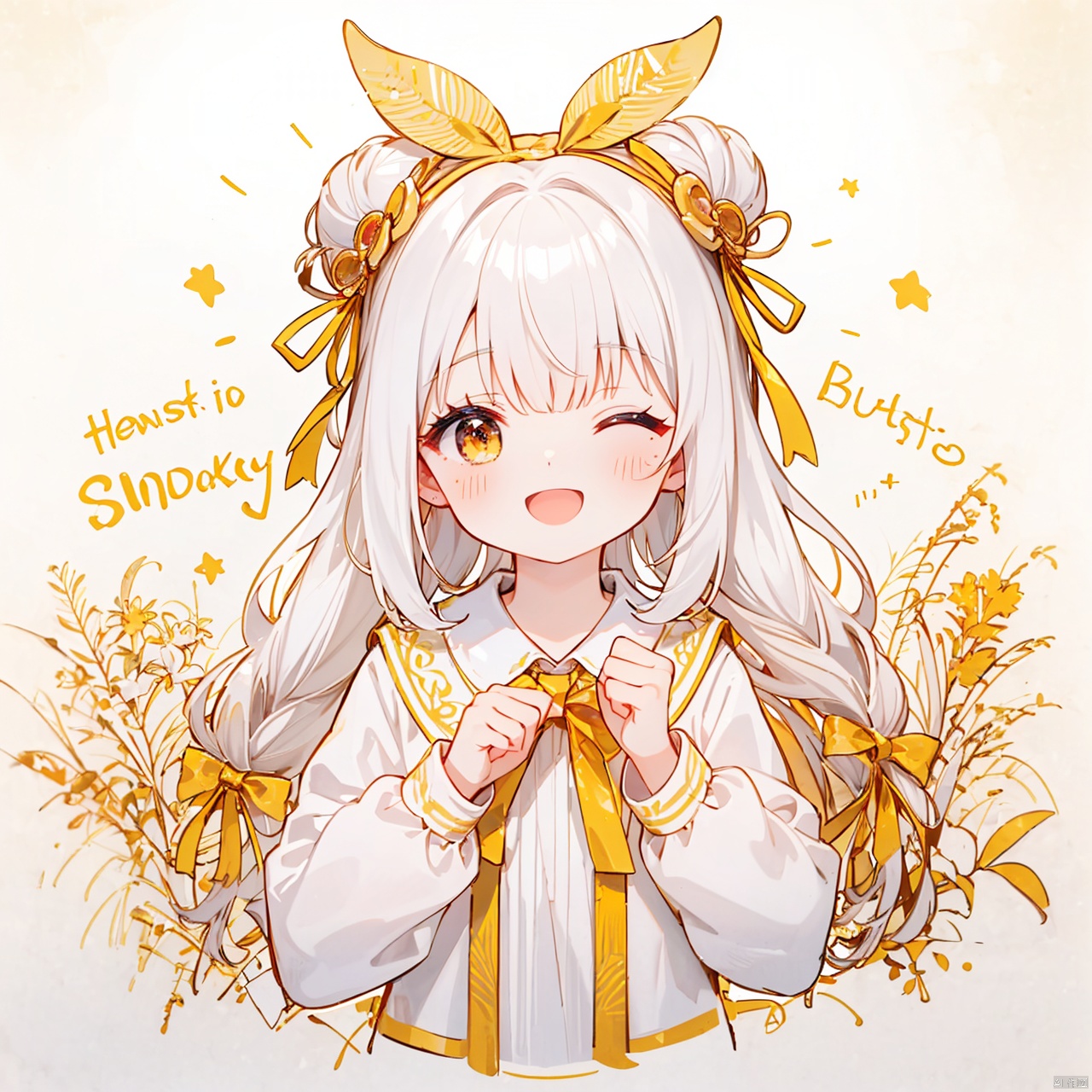  (8k, RAW photo, best quality, masterpiece:1.2),(yellow theme:1.6),loli,solo, long hair, looking at viewer, blush, smile, open mouth, bangs, simple background, shirt, red eyes, long sleeves, white background, dress, ribbon, hair ribbon, white shirt, upper body, white hair, one eye closed, puffy sleeves, hair bun, star \(symbol\), english text, v, blue dress, hair intakes, ;d, blue ribbon, puffy long sleeves
jpe-hd,ll-hd, ty-hd, pf-hd