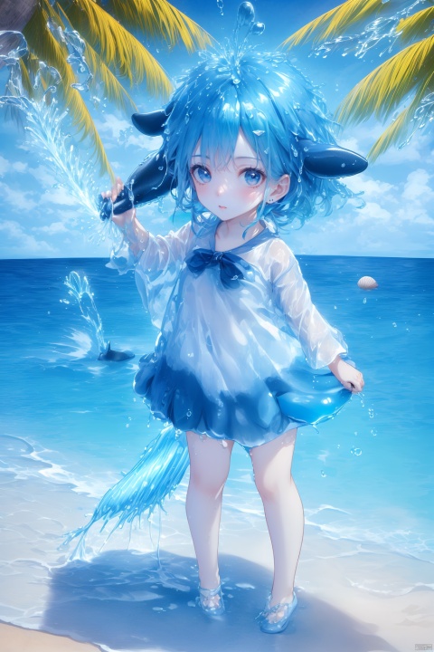  (masterpiece), (best quality), Exquisite visuals, high-definition, (ultra detailed), finely detail, Kawai, loveliness, standing, ((full body)), a slightly shy loli with short blue hair,anthropomorphic whale,a center cut, (child:1.2),whale clothing,blue skirt,(((spray water on the head, there is a water column on the head))),there are many colorful bubbles around,melting clothes, clothes made of water,whale tail,The environment is next to the beach, with coconut trees and many seashells on the beach,, ty-hd, jpp-hd