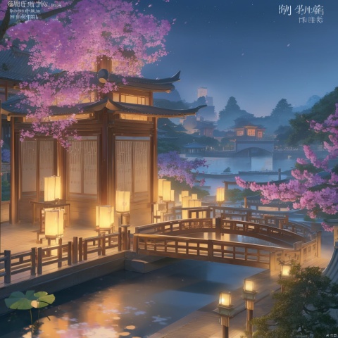 no humans,(8k, RAW photo, best quality, masterpiece:1.2),hatching (texture),skin gloss,light persona,
(high detailed skin),
scenery,no humans,architecture,east asian architecture,lantern,water,chinese text,lily pad,tree,candle,cherry blossoms,bridge, ty-hd, gf-hd, mz-hd