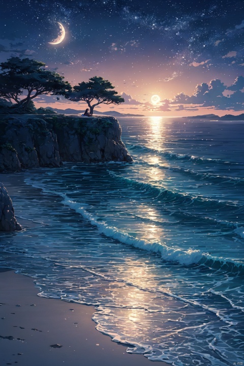  (masterpiece, top quality, best quality, official art, beautiful and aesthetic:1.2),(1girl:1.2),cute,extreme detailed,outdoors, sky, cloud, water, tree, no humans, night, ocean, beach, moon, star \(sky\), night sky, scenery, starry sky, sunset, rock, sand, sun, horizon, waves, shore