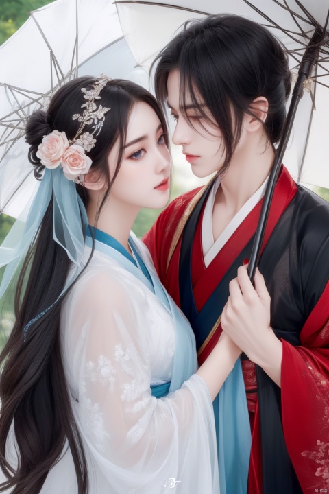 (8k, RAW photo, best quality, masterpiece:1.2),ultra-detailed, extremely detailed cg 8k wallpaper,hatching (texture),skin gloss,light persona,1girl, 1boy, beads, umbrella, black hair, detached sleeves, jewelry, hetero, hair ornament, petals, looking at another1male, hanfu, , 1girl, ll-hd, pf-hd, ty-hd, gf-hd