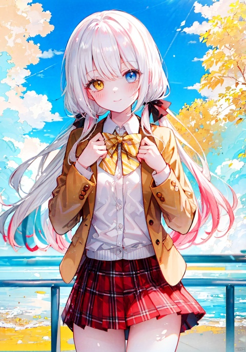  (8k, RAW photo, best quality, masterpiece:1.2),(yellow theme:1.6),loli, solo, long hair, looking at viewer, blush, smile, bangs, blue eyes, skirt, shirt, red eyes, long sleeves, bow, hair between eyes, twintails, very long hair, closed mouth, school uniform, standing, jacket, white shirt, pink hair, white hair, hair bow, multicolored hair, cowboy shot, pleated skirt, outdoors, open clothes, sky, striped, collared shirt, cloud, miniskirt, bowtie, red bow, open jacket, plaid, hands up, dress shirt, gradient hair, red skirt, low twintails, heterochromia, plaid skirt, blazer, red bowtie, sunset, striped bow, railing,
jpe-hd,ll-hd, ty-hd, pf-hd