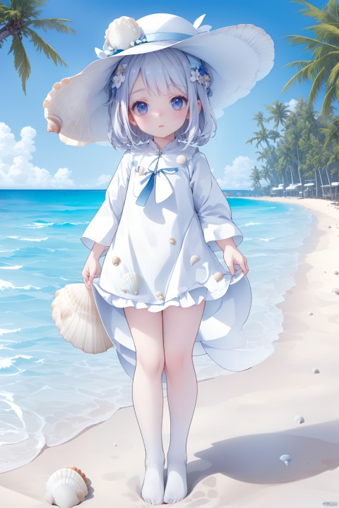  (masterpiece), (best quality), Exquisite visuals, high-definition, (ultra detailed), finely detail, ((solo)), (white Silver hair), (gradient Blue), (beautiful detailed eyes), Kawai, loveliness,standing, ((full body)),
a shell with short white hair, anthropomorphic shells, wearing a white shell outfit . (((Shell clothes：1.8, and hats))).
The environment is next to the beach, with coconut trees and many seashells on the beach
, bk-hd, pf-hd, ll-hd, kme-hd