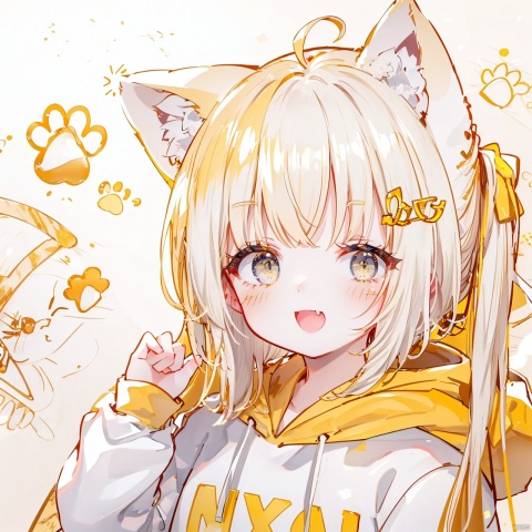  (8k, RAW photo, best quality, masterpiece:1.2),(yellow theme:1.6),loli, solo, long hair, looking at viewer, blush, smile, open mouth, bangs, blue eyes, hair ornament, long sleeves, white background, animal ears, twintails, upper body, ahoge, white hair, one eye closed, hairclip, fang, cat ears, hand up, hood, animal ear fluff, sleeves past wrists, hoodie, hood down, ;d, clothes writing, drawstring, paw print, white hoodie,
jpe-hd,ll-hd, ty-hd, pf-hd