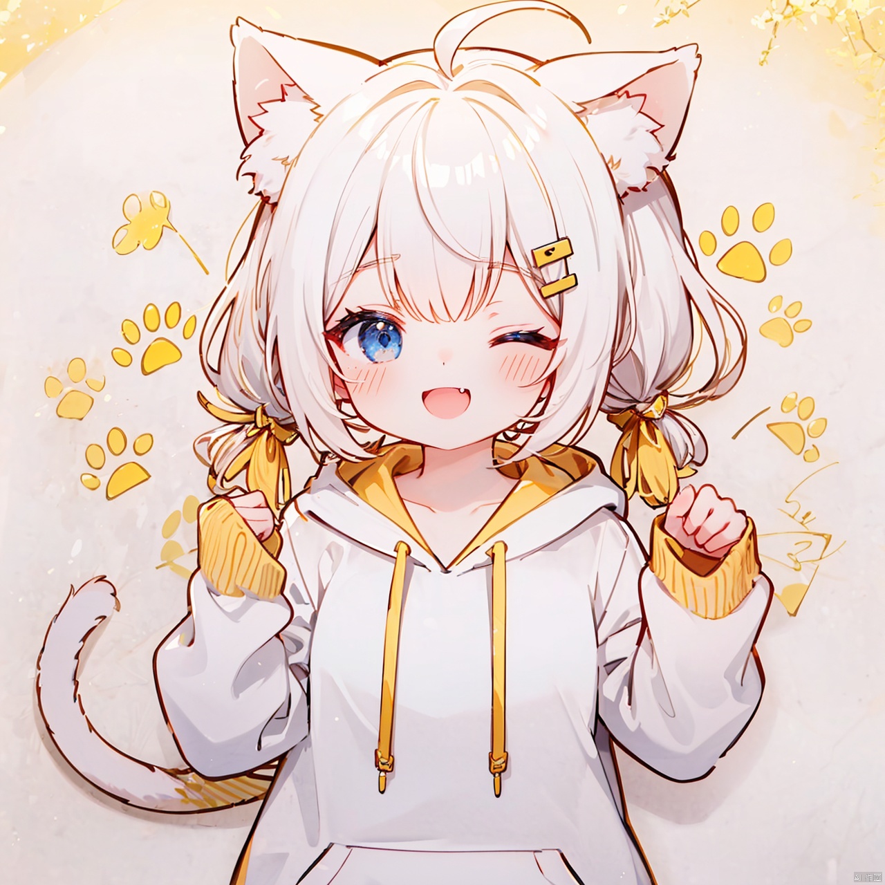  (8k, RAW photo, best quality, masterpiece:1.2),(yellow theme:1.6),loli, solo, long hair, looking at viewer, blush, smile, open mouth, bangs, blue eyes, hair ornament, long sleeves, white background, animal ears, twintails, upper body, ahoge, white hair, one eye closed, hairclip, fang, cat ears, hand up, hood, animal ear fluff, sleeves past wrists, hoodie, hood down, ;d, clothes writing, drawstring, paw print, white hoodie,
jpe-hd,ll-hd, ty-hd, pf-hd