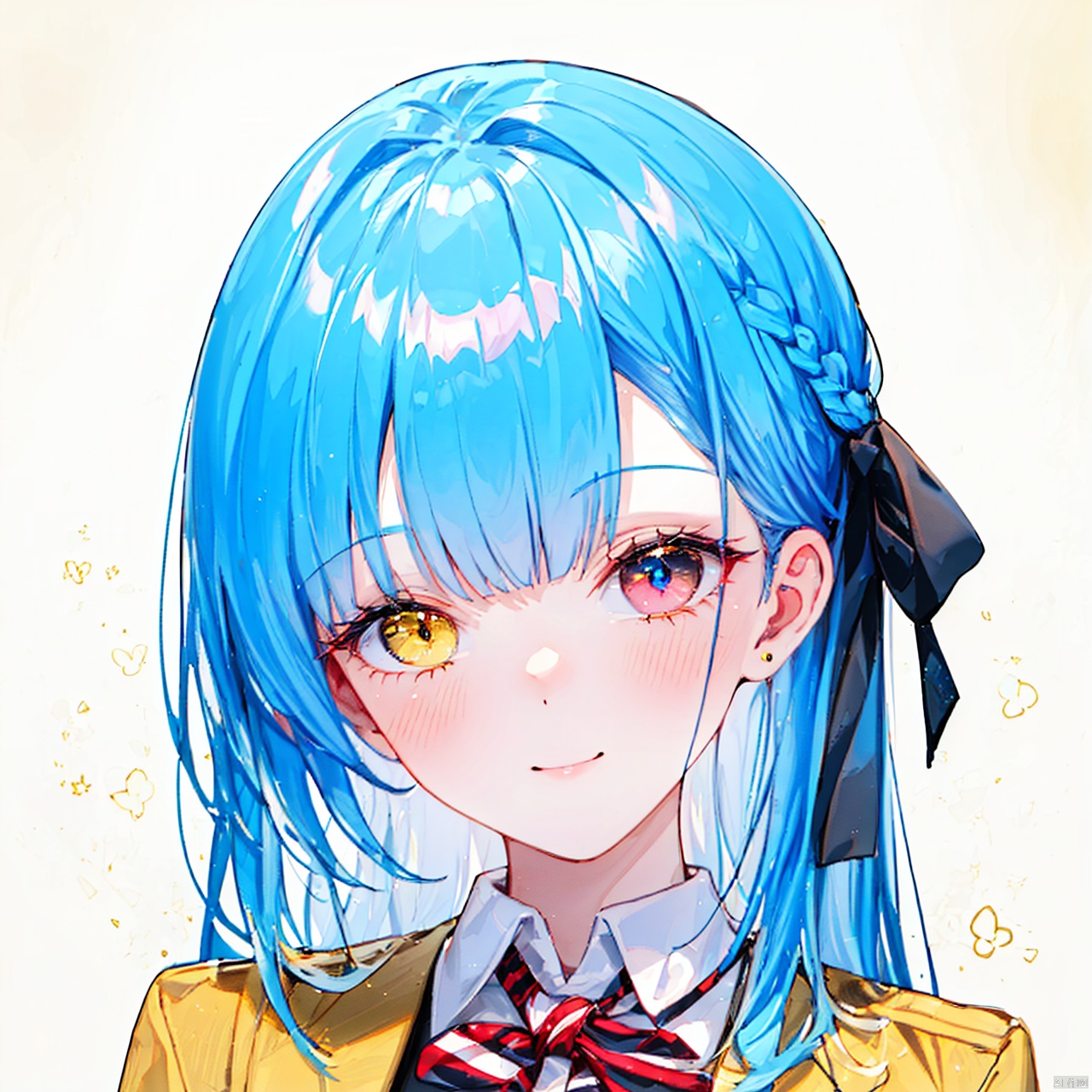  (8k, RAW photo, best quality, masterpiece:1.2),(yellow theme:1.6),1girl, solo, long hair, looking at viewer, smile, bangs, blue eyes, simple background, shirt, red eyes, white background, bow, ribbon, jewelry, closed mouth, blue hair, jacket, hair ribbon, white shirt, upper body, braid, earrings, striped, collared shirt, bowtie, pink eyes, red bow, red ribbon, black ribbon, neck ribbon, heterochromia, blue jacket, red bowtie, portrait,
jpe-hd,ll-hd, ty-hd, pf-hd