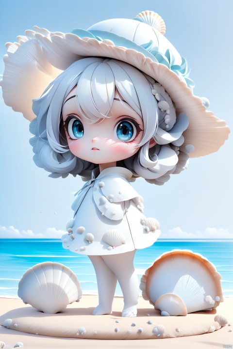  (masterpiece), (best quality), Exquisite visuals, high-definition, (ultra detailed), finely detail, ((solo)), (white Silver hair), (gradient Blue), (beautiful detailed eyes), Kawai, loveliness,standing, ((full body)),
a shell with short white hair, anthropomorphic shells, wearing a white shell outfit . (((Shell clothes：1.8, and hats))).
The environment is next to the beach, with coconut trees and many seashells on the beach
, bk-hd, pf-hd, ll-hd, kme-hd