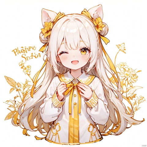  (8k, RAW photo, best quality, masterpiece:1.2),(yellow theme:1.6),loli,solo, long hair, looking at viewer, blush, smile, open mouth, bangs, simple background, shirt, red eyes, long sleeves, white background, dress, ribbon, hair ribbon, white shirt, upper body, white hair, one eye closed, puffy sleeves, hair bun, star \(symbol\), english text, v, blue dress, hair intakes, ;d, blue ribbon, puffy long sleeves
jpe-hd,ll-hd, ty-hd, pf-hd