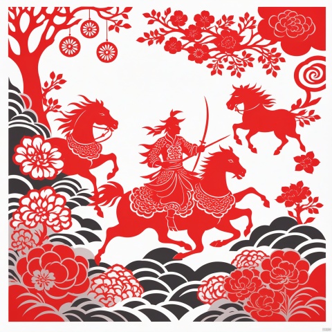  masterpiece,high quality,paper-cut art,nobody,solo,a big red flower,paper-cut style,Chinese style,Chinese year,festive,Cavalry Charge,Ancient China,Clouds and Smoke Entwined,fight theenemy,, Chinese ancientpaintings