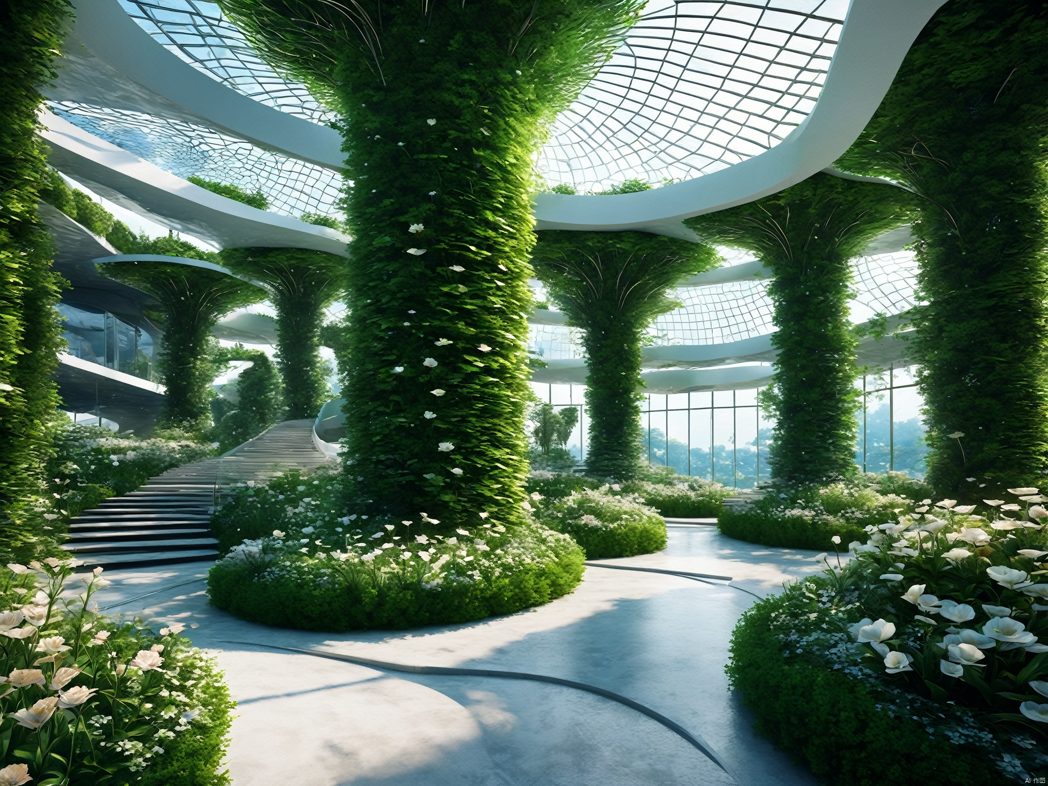  The architectural appearance is magical, deep sea style, the sky garden adopts the design principle of Riemann surface, the whole garden seems to be a multi-dimensional space, every corner is full of surprises and changes. Visitors can stroll here, appreciate the flowers, view the scenery, feel the charm of mathematics and the harmony of nature, 3D rendering, highly detailed, natural lighting, mathematical design art, amazing visual feast, epic visual art architecture, master works, mathematical design art, amazing visual feast, visual art architecture, master works,