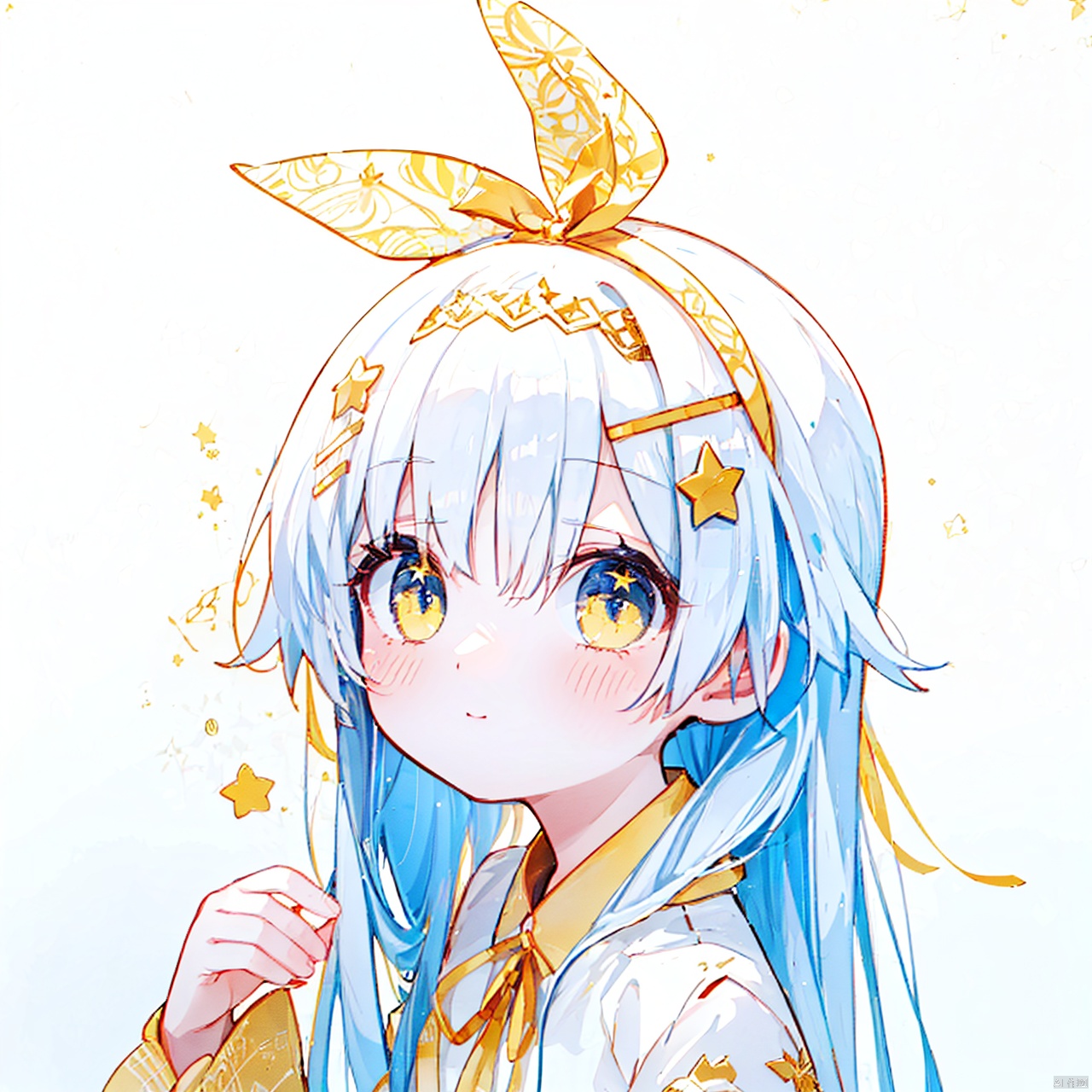  (8k, RAW photo, best quality, masterpiece:1.2),(yellow theme:1.6),loli, solo, long hair, looking at viewer, blush, bangs, blue eyes, simple background, hair ornament, long sleeves, white background, ribbon, hair between eyes, bare shoulders, closed mouth, hair ribbon, upper body, white hair, hairband, detached sleeves, hairclip, hand up, star \(symbol\), neck ribbon, blue ribbon, star hair ornament, blue hairband

复制提示词jpe-hd,ll-hd, ty-hd, pf-hd