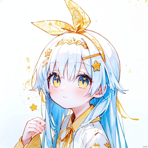  (8k, RAW photo, best quality, masterpiece:1.2),(yellow theme:1.6),loli, solo, long hair, looking at viewer, blush, bangs, blue eyes, simple background, hair ornament, long sleeves, white background, ribbon, hair between eyes, bare shoulders, closed mouth, hair ribbon, upper body, white hair, hairband, detached sleeves, hairclip, hand up, star \(symbol\), neck ribbon, blue ribbon, star hair ornament, blue hairband

复制提示词
jpe-hd,ll-hd, ty-hd, pf-hd