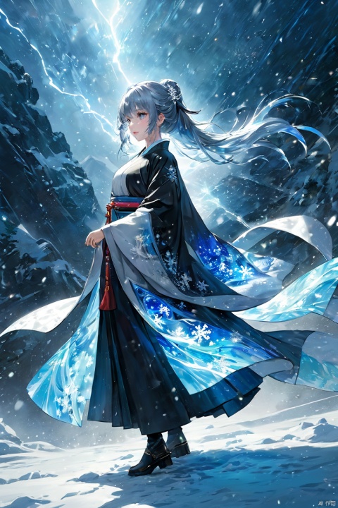  (masterpiece, top quality, best quality, official art, beautiful and aesthetic:1.2),(1girl:1.2),cute,extreme detailed,(abstract:1.4, fractal art:1.3),(silver_hair:1.1),fate \(series\),colorful,highest detailed,fire,ice,lightning, White T-shirt, black trench coat, black jeans, blue hair, 1 girl, standing, solo, realistic, fighting, snowflakes, snow, shengcaier,(splash_art:1.2),jewelry:1.4,hanfu,scenery,ink, xwhd, yx-hd