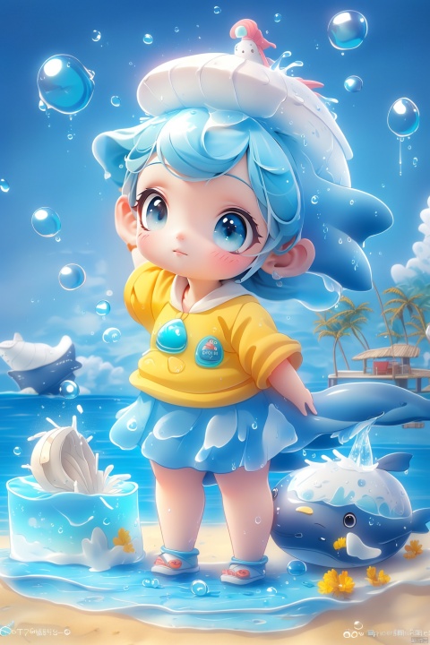  (masterpiece), (best quality), Exquisite visuals, high-definition, (ultra detailed), finely detail, Kawai, loveliness, standing, ((full body)), a slightly shy loli with short blue hair,anthropomorphic whale,a center cut, (child:1.2),whale clothing,blue skirt,(((spray water on the head, there is a water column on the head))),there are many colorful bubbles around,melting clothes, clothes made of water,whale tail,The environment is next to the beach, with coconut trees and many seashells on the beach,, ty-hd, jpp-hd, gf-hd