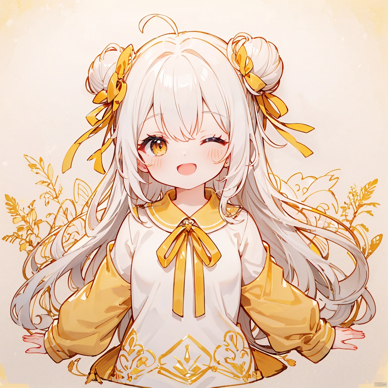  (8k, RAW photo, best quality, masterpiece:1.2),(yellow theme:1.6),loli,solo, long hair, looking at viewer, blush, smile, open mouth, bangs, simple background, shirt, red eyes, long sleeves, white background, dress, ribbon, hair ribbon, white shirt, upper body, white hair, one eye closed, puffy sleeves, hair bun, star \(symbol\), english text, v, blue dress, hair intakes, ;d, blue ribbon, puffy long sleeves
jpe-hd,ll-hd, ty-hd, pf-hd