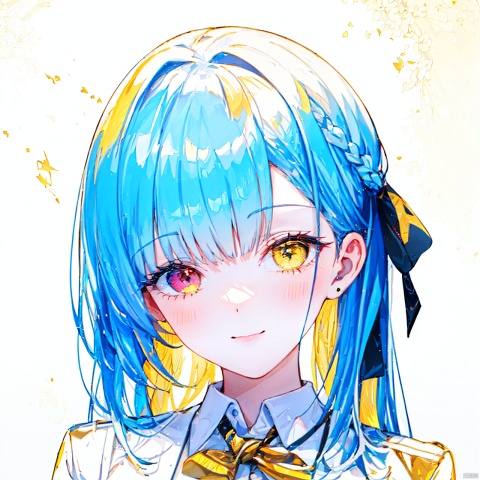  (8k, RAW photo, best quality, masterpiece:1.2),(yellow theme:1.6),1girl, solo, long hair, looking at viewer, smile, bangs, blue eyes, simple background, shirt, red eyes, white background, bow, ribbon, jewelry, closed mouth, blue hair, jacket, hair ribbon, white shirt, upper body, braid, earrings, striped, collared shirt, bowtie, pink eyes, red bow, red ribbon, black ribbon, neck ribbon, heterochromia, blue jacket, red bowtie, portrait,
jpe-hd,ll-hd, ty-hd, pf-hd