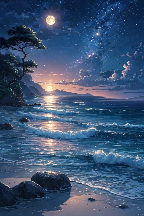  (masterpiece, top quality, best quality, official art, beautiful and aesthetic:1.2),(1girl:1.2),cute,extreme detailed,outdoors, sky, cloud, water, tree, no humans, night, ocean, beach, moon, star \(sky\), night sky, scenery, starry sky, sunset, rock, sand, sun, horizon, waves, shore