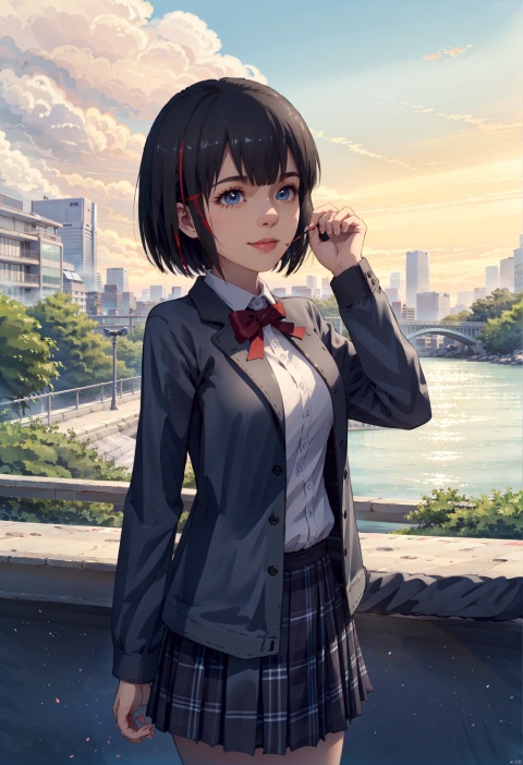  1girl,solo,tender,sister.long_hair,highly detailed eyes,(heterochromia<(ruby eye,blue eye)>,albinism),blazer,blue_jacket,brown_skirt,long_sleeves,plaid_skirt,pleated_skirt,school_uniform,open_clothes,white shirt,open_jacket;;standing,smile,closed_mouth,blush,looking_at_viewer., mz-hd