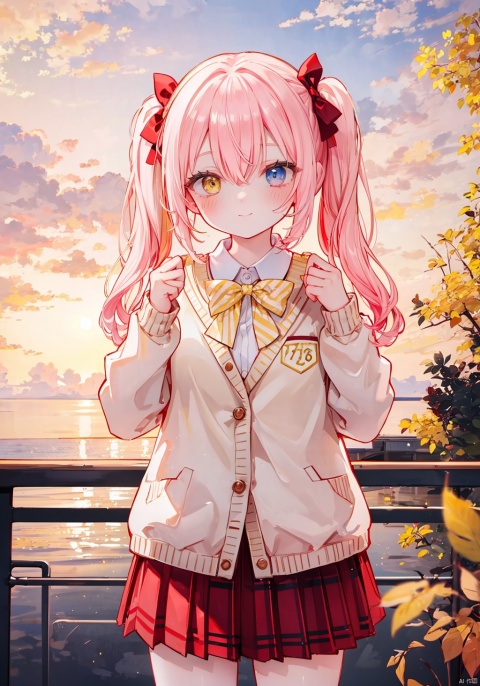  (8k, RAW photo, best quality, masterpiece:1.2),(yellow theme:1.6),loli, solo, long hair, looking at viewer, blush, smile, bangs, blue eyes, skirt, shirt, red eyes, long sleeves, bow, hair between eyes, twintails, very long hair, closed mouth, school uniform, standing, jacket, white shirt, pink hair, white hair, hair bow, multicolored hair, cowboy shot, pleated skirt, outdoors, open clothes, sky, striped, collared shirt, cloud, miniskirt, bowtie, red bow, open jacket, plaid, hands up, dress shirt, gradient hair, red skirt, low twintails, heterochromia, plaid skirt, blazer, red bowtie, sunset, striped bow, railing,
jpe-hd,ll-hd, ty-hd, pf-hd