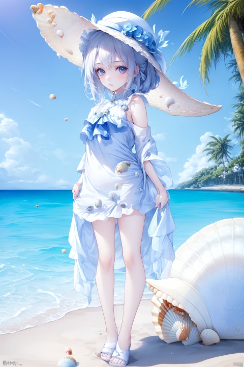  (masterpiece), (best quality), Exquisite visuals, high-definition, (ultra detailed), finely detail, ((solo)), (white Silver hair), (gradient Blue), (beautiful detailed eyes), Kawai, loveliness,standing, ((full body)),
a shell with short white hair, anthropomorphic shells, wearing a white shell outfit . (((Shell clothes：1.8, and hats))).
The environment is next to the beach, with coconut trees and many seashells on the beach
, bk-hd, pf-hd, ll-hd, kme-hd