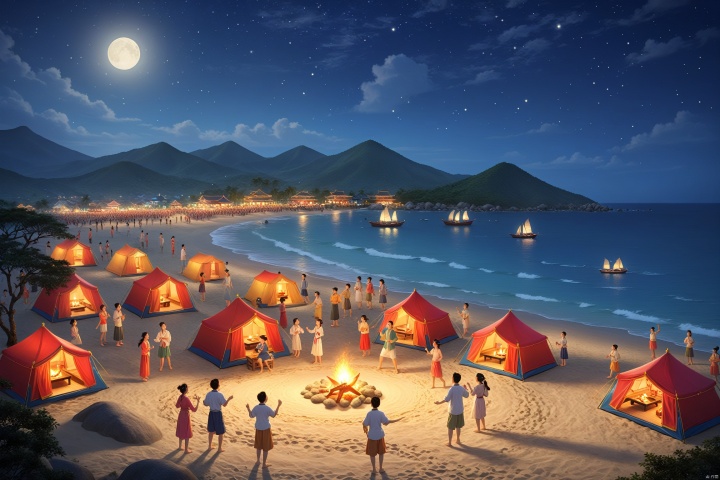 A vibrant and lively beach campsite scene at Sanya, with colorful tents dotting the sandy landscape. A festival-like atmosphere permeates as people dance and sing around the glowing bonfire, immersed in the joy of a music festival. The gentle waves caress the shoreline while moonlight casts a serene glow over the sea, illuminating the entire setting and creating a blend of tranquility and fervor. Sharp focus on the jubilant crowd and the warm fire, with the soothing sound of the sea providing a backdrop to the high-energy festivities. Picture perfect for a nostalgic representation of a beachside gathering under the stars, reminiscent of a Thomas Kinkade painting or a Studio Ghibli movie scene, trending on ArtStation and CGSociety. Vivid, high detail, photorealistic artwork suitable for wall display, evoking the essence of a tropical night by the sea., Chinese ancientpaintings, chinese new year