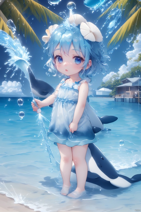  (masterpiece), (best quality), Exquisite visuals, high-definition, (ultra detailed), finely detail, Kawai, loveliness, standing, ((full body)), a slightly shy loli with short blue hair,anthropomorphic whale,a center cut, (child:1.2),whale clothing,blue skirt,(((spray water on the head, there is a water column on the head))),there are many colorful bubbles around,melting clothes, clothes made of water,whale tail,The environment is next to the beach, with coconut trees and many seashells on the beach,, ty-hd, jpp-hd, figure