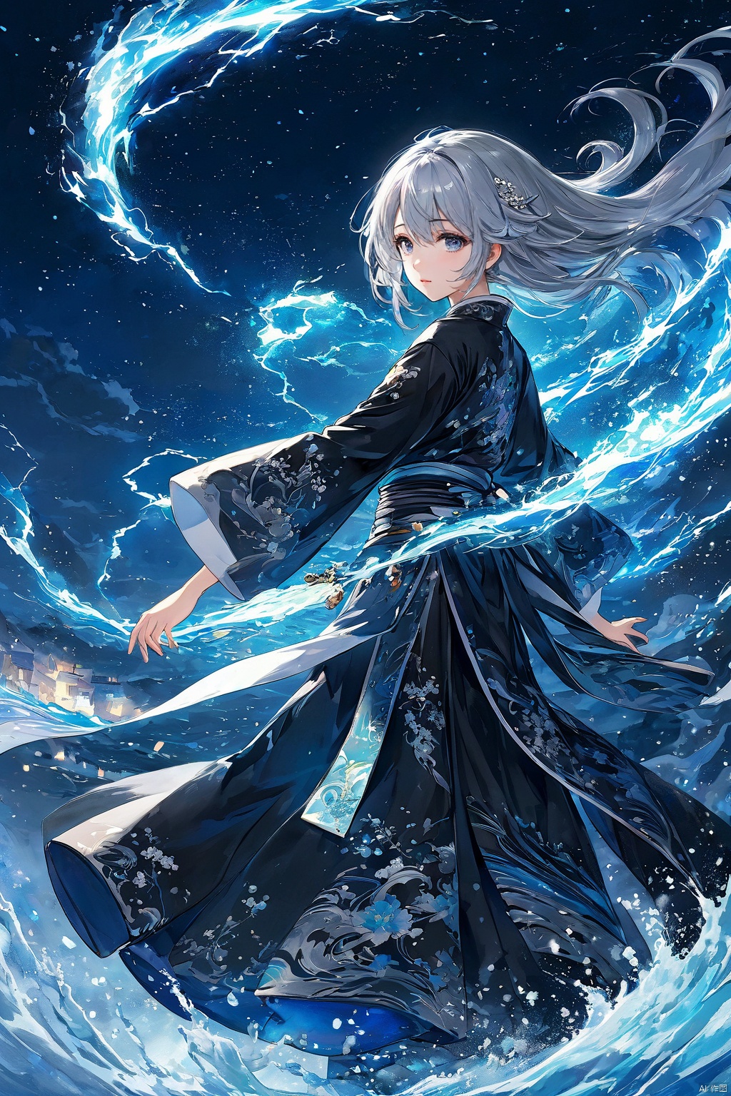  (masterpiece, top quality, best quality, official art, beautiful and aesthetic:1.2),(1girl:1.2),cute,extreme detailed,,(silver_hair:1.1),fate \(series\),colorful,highest detailed,fire,ice,lightning,(splash_art:1.2),jewelry:1.4,hanfu,scenery,ink,