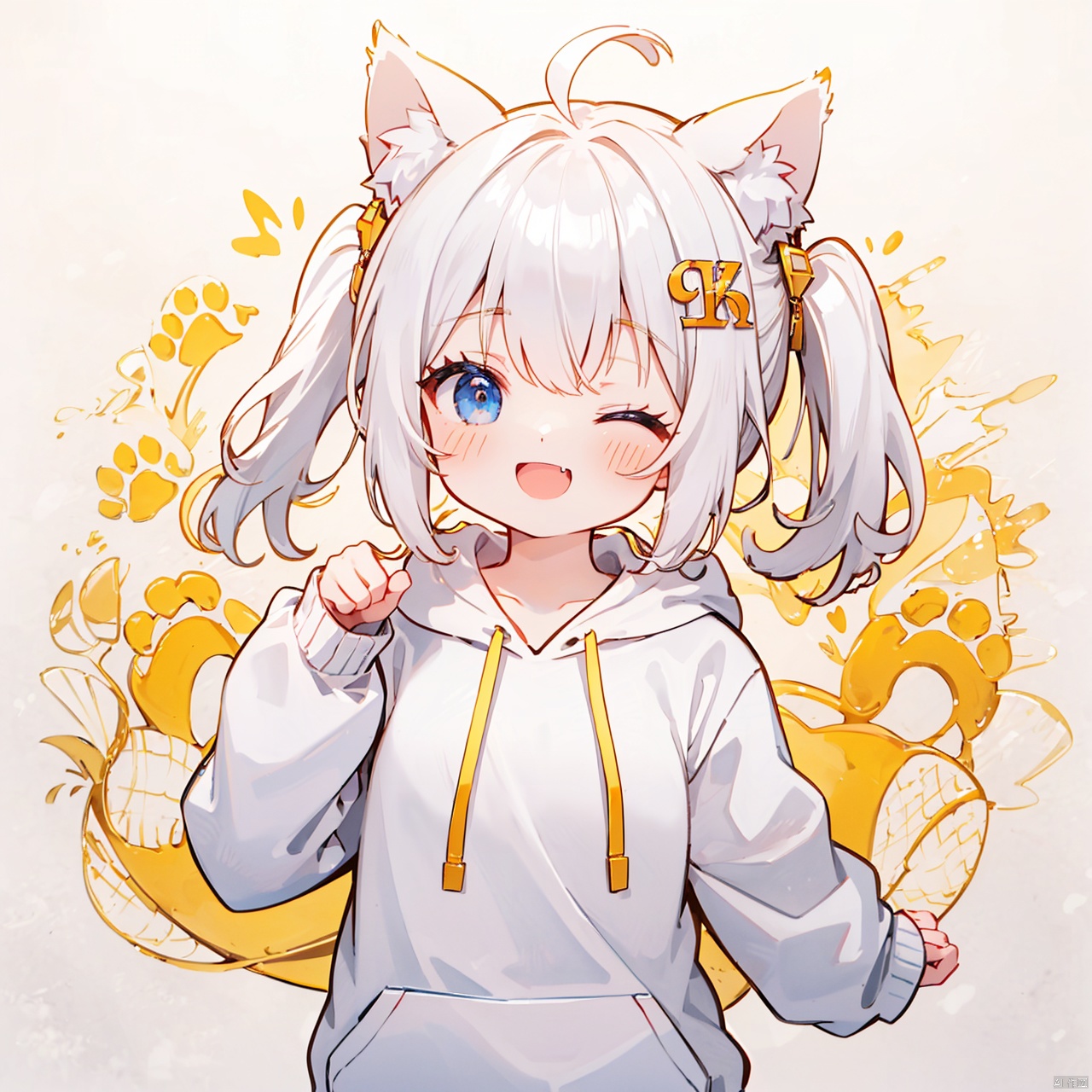  (8k, RAW photo, best quality, masterpiece:1.2),(yellow theme:1.6),loli, solo, long hair, looking at viewer, blush, smile, open mouth, bangs, blue eyes, hair ornament, long sleeves, white background, animal ears, twintails, upper body, ahoge, white hair, one eye closed, hairclip, fang, cat ears, hand up, hood, animal ear fluff, sleeves past wrists, hoodie, hood down, ;d, clothes writing, drawstring, paw print, white hoodie,
jpe-hd,ll-hd, ty-hd, pf-hd