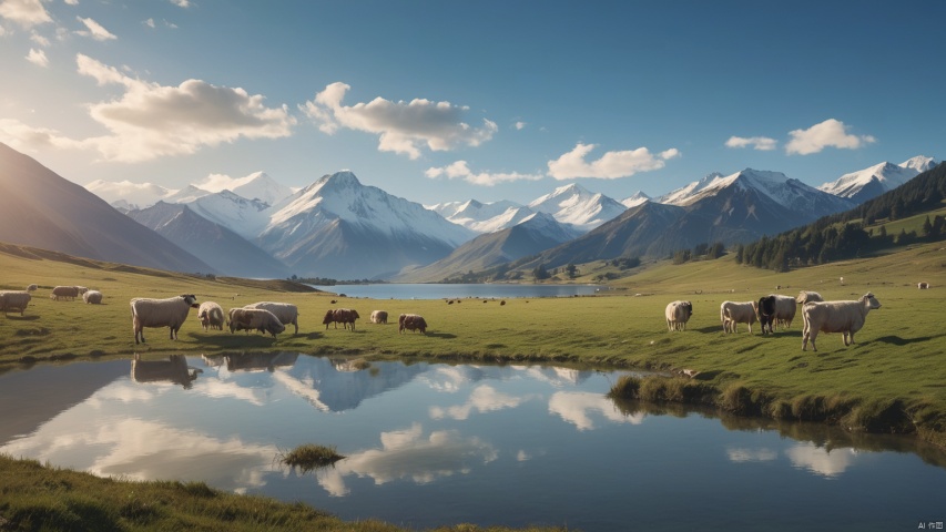   (8k, RAW photo, best quality, masterpiece:1.2), (super realistic, photo-realistic:1.3),lakes,Reflect the sky,Sailimu Lake,Grassland, snow capped mountains, blue lake water, reflected light, blue sky, cows, sheep