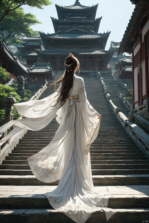  (masterpiece, top quality, best quality, official art, beautiful and aesthetic:1.2),gf-hd, 1girl, long hair, dress, architecture, solo, stairs, white dress, east asian architecture, brown hair, from behind, skirt hold, hair ornament, shawl
