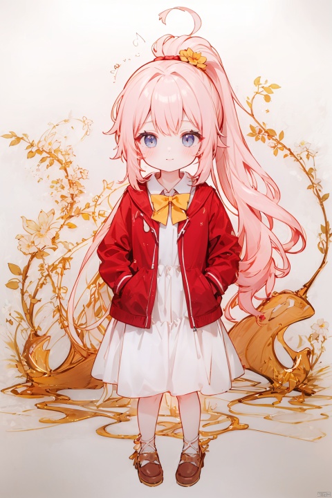  (8k, RAW photo, best quality, masterpiece:1.2),loli,petite,pink hair,long hair, red Jacket,high ponytail,collared shirt,hair flower,fipped hair,floating hair,Frown,hands in pockets,dress,bowtie,(solo),sky, skyline, skyscraper, smile, solo,  tower-line art,flower-line art,,jpe-hd,ll-hd, ty-hd, pf-hd,yellow theme,simple_background