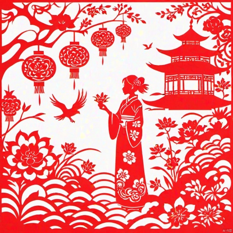 masterpiece,high quality,paper-cut art,nobody,solo,a big red flower,paper-cut style,Chinese style,Chinese year,festive,upper body,Cutpaper,1girl,solo,standing,lanterns,bamboo,,,