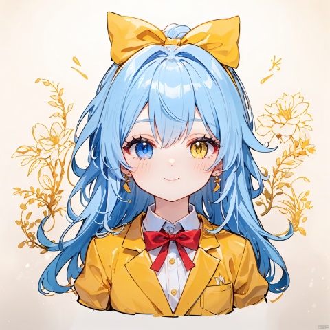  (8k, RAW photo, best quality, masterpiece:1.2),(yellow theme:1.6),loli, solo, long hair, looking at viewer, smile, bangs, blue eyes, simple background, shirt, red eyes, white background, bow, ribbon, jewelry, closed mouth, blue hair, jacket, hair ribbon, white shirt, upper body, braid, earrings, striped, collared shirt, bowtie, pink eyes, red bow, red ribbon, black ribbon, neck ribbon, heterochromia, blue jacket, red bowtie, portrait,
jpe-hd,ll-hd, ty-hd, pf-hd