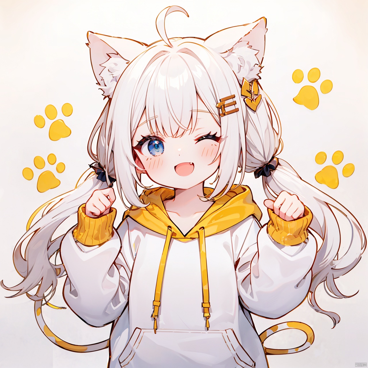  (8k, RAW photo, best quality, masterpiece:1.2),(yellow theme:1.6),loli, solo, long hair, looking at viewer, blush, smile, open mouth, bangs, blue eyes, hair ornament, long sleeves, white background, animal ears, twintails, upper body, ahoge, white hair, one eye closed, hairclip, fang, cat ears, hand up, hood, animal ear fluff, sleeves past wrists, hoodie, hood down, ;d, clothes writing, drawstring, paw print, white hoodie,
jpe-hd,ll-hd, ty-hd, pf-hd