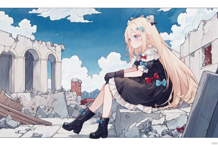  look at audience, hair bow, bow, blonde hair, long hair, pointy ears, hair ornament, black bow, bangs, parted bangs, hair flower, blue eyes,half body, traditional media, letterboxed, text, dress, black_dress, gloves, black_gloves, boots, black_boots,pod sitting, from side, ruins, building, rubble, sky, cloud, bird
