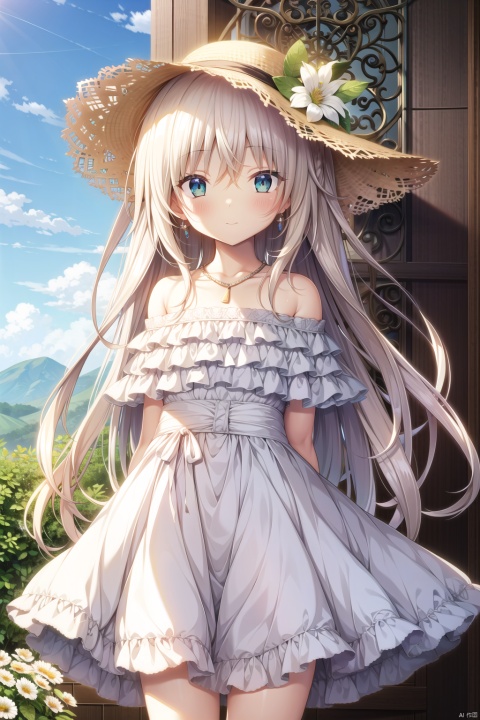 1girl,solo,long_hair,looking_at_viewer,blush,bangs,hat,dress,hair_between_eyes,bare_shoulders,jewelry,closed_mouth,green_eyes,standing,collarbone,flower,white_hair,outdoors,frills,necklace,off_shoulder,white_dress,blurry,plaid,leaf,white_headwear,frilled_dress,eyes_visible_through_hair,white_flower,off-shoulder_dress,hat_flower,light smile,looking at viewer,bare legs,sun hat,( holding flowers),sitting,from_side