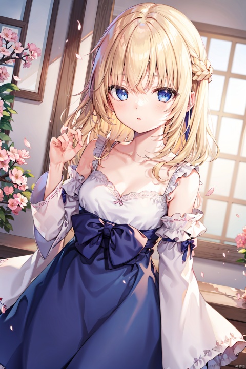 1girl, bangs, blonde hair, blue dress, blue eyes, bow, branch, cherry blossoms, collarbone, dress, dutch angle, flower, indoors, long hair, long sleeves, looking at viewer, parted lips, petals, pink flower,solo, white dress, white flower, wide sleeves