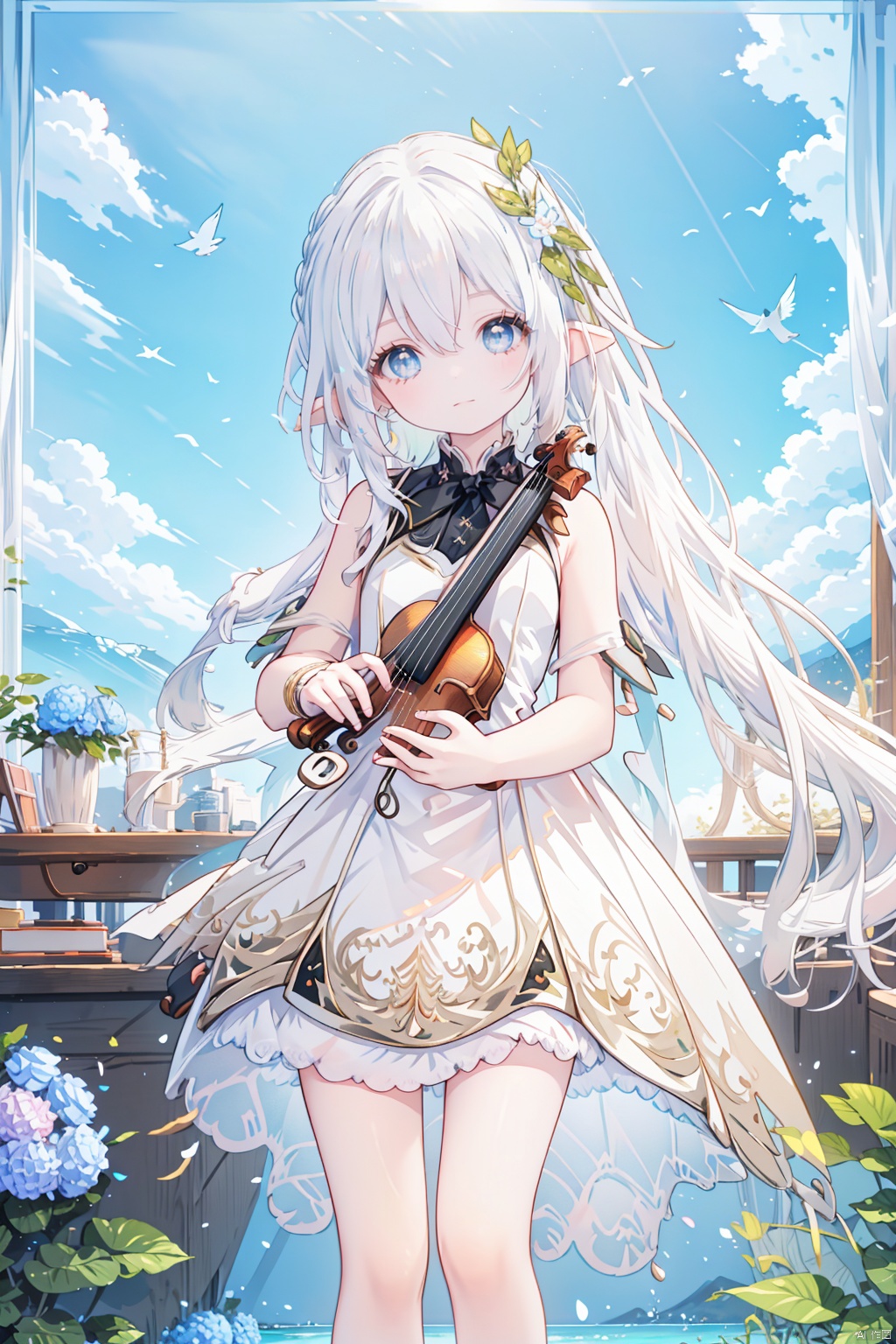  1girl, solo, long hair, violin, instrument, black eyes, dress, white dress, white hair, looking at viewer, light particles, closed mouth, indoors, jewelry, sleeveless, bare shoulders, bangs, head tilt, black rose, beautiful detailed eyes, detailed background, amanhecer, cloud, flower, sky,grass, outdoors, blue_sky, field, cloudy_sky, horizon, hydrangea, water, ocean, mountain, blue_flower, flower_field, bird, The black bow on the head,qingsha,plyaing violin,harp,****,foot focus,violin, masterpiece
