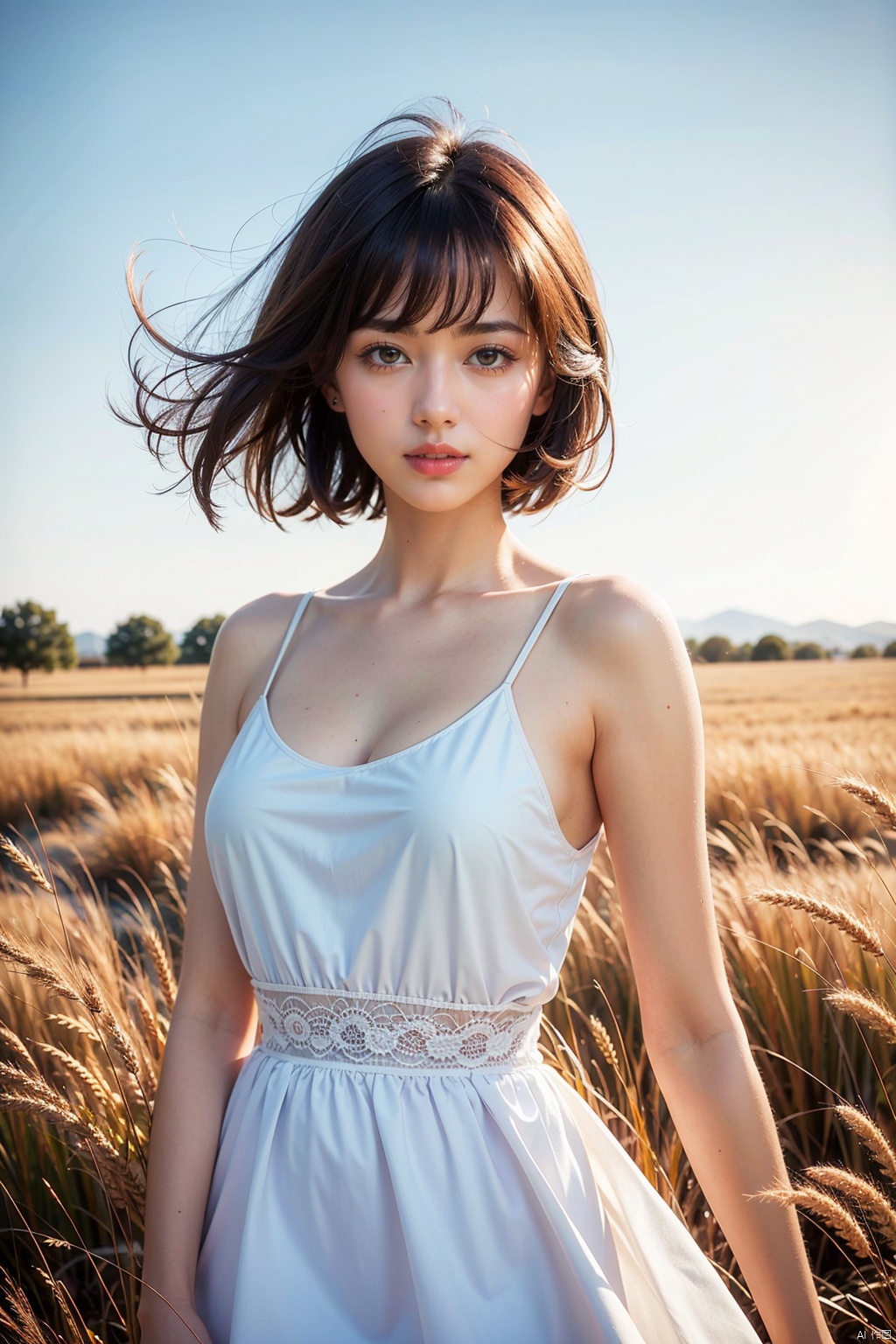 masterpiece,ultra high res,realistic,finely detail,extremely detailed,1girl,short hair,floating hair,blond hair, looking at viewer,pure color background,breasts,film grain,film overlay,morning glow,pastel sky,cool tones,sun rays,soft light,dress,wheat field