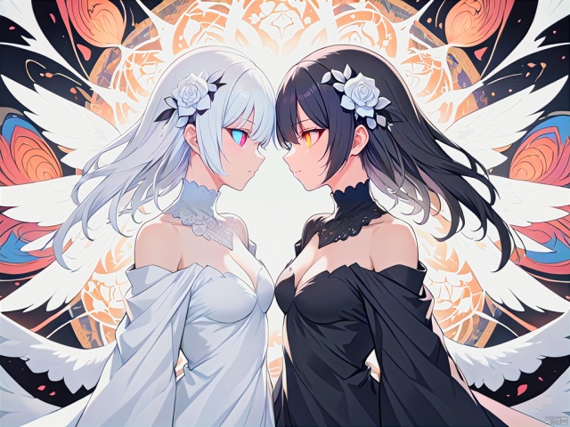 2girls, looking eachother, BREAK white_angel with white further wing,light halo,white tone color BREAK black_angel with black further wing,dark halo,black tone color,solo,(((((split theme))))),symmetry:1.3,upper body,cleavage,off shoulder,hair flower,off-shoulder dress,puffy long sleeves,puffy sleeves,rose petals,mandala,chaos,Radial,streamlined,fractal art,art design,burst,Heterochromatic pupil,Anime style,
