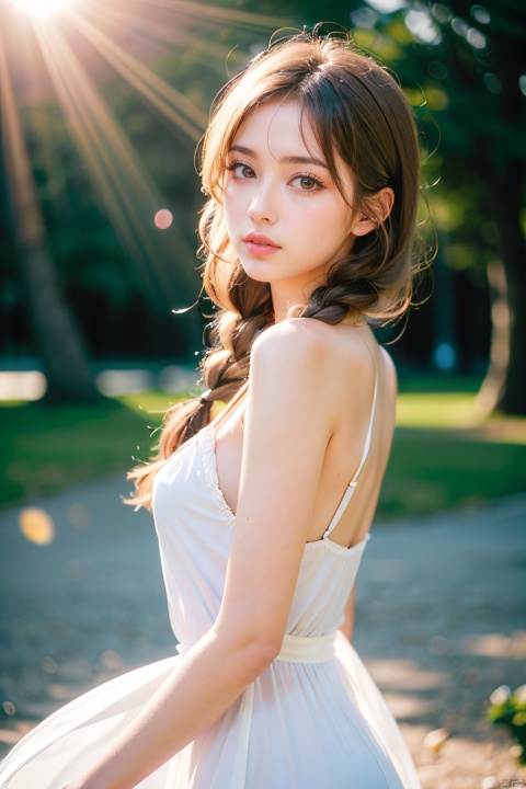  masterpiece,ultra high res,realistic,finely detail,extremely detailed,1girl,single braid,white hair,looking at viewer,pure color background,breasts,film grain,film overlay,morning glow,pastel sky,cool tones,sun rays,soft light,dress,