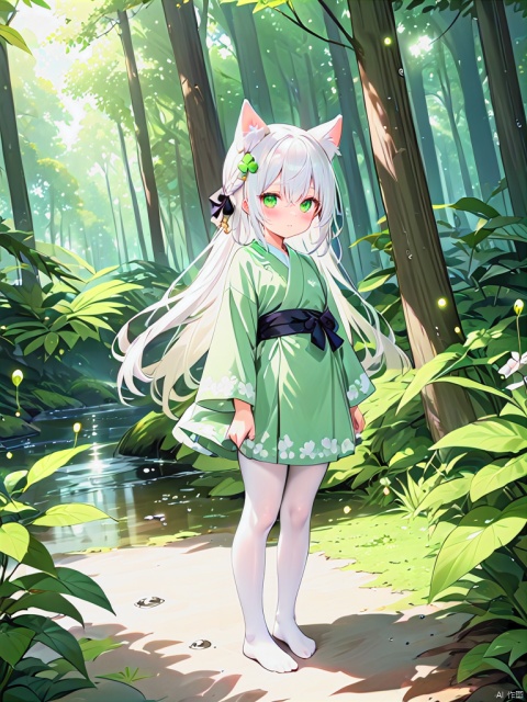 masterpiece, best quality,1girl, green eyes, loli, animal ears, hair ornament, bangs, blush, hair between eyes, animal ear fluff, long hair, closed mouth, braid, nature, outdoors, full body, white pantyhose, green kimono, water drop, plant, forest, day, hairclip, white hair, clover hair ornament,Fireflies,standing