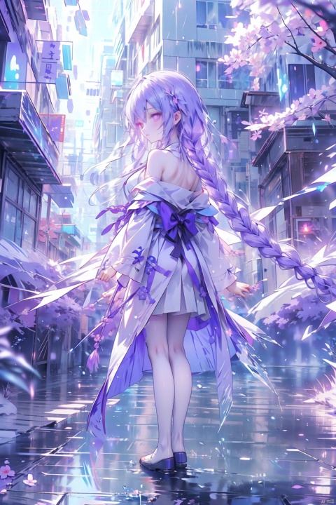  (ice:1.3), 1girl,urple hair, purple eyes, (blue fire,magic),(glowing eyes:1.3), chest,electricity, lightning, purple magic, aura,full body, standing,Off Shoulder,Front view, backlight,looking at viewer,braids,very long hair,hair flowe,tarry sky ,water,Rain,night, white pantyhose, (\shuang hua\)