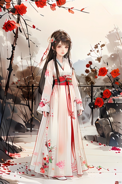 masterpiece,best quality,colorful inkpainting, a cute girl with antlers, brown hairs, flower, solo, butterfly, long hair, hair ornament, realistic,jewelry, earrings, hanfu, chinese clothes, rose,full body,standing,outdoors
