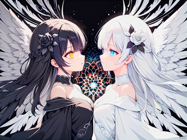(2girls:1.5),looking at eachother BREAK white_angel with white further wing,light halo,white tone color BREAK black_angel with black further wing,dark halo,black tone color,solo,(((((split theme))))),symmetry:1.3,upper body,cleavage,off shoulder,hair flower,off-shoulder dress,puffy long sleeves,puffy sleeves,rose petals,mandala,chaos,Radial,streamlined,fractal art,art design,burst,Heterochromatic pupil,Anime style,