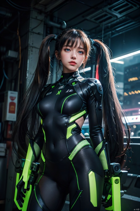  masterpiece,ultra high res,realistic,finely detail,extremely detailed,1girl,stealth stance,cybernetic enhancements,long hair,twintails,long twintails,low twintails,blue eyes,high-tech Tight combat suit,Invisible night clothes,Black matt clothing material,neon cityscape,neon glow,focused expression,dynamic pose,neon reflections,
