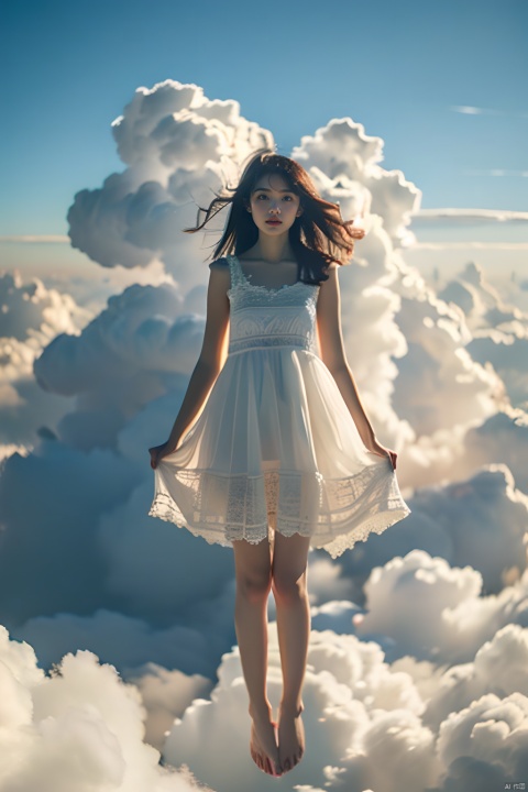  masterpiece,best quality,1girl, above clouds, solo, long hair, black hair, dress, sky, full body, barefoot, cloud, day, cloudy sky, white dress, floating, realistic, sundress 