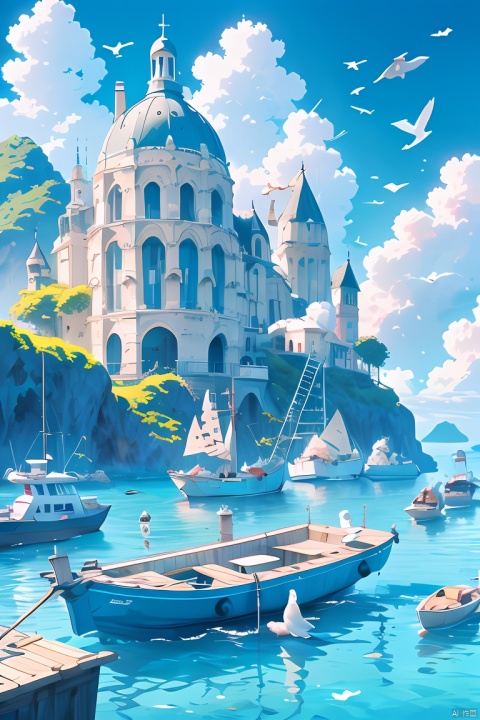 official art,scenery, watercraft, outdoors, no humans, boat, sky, cloud, day, bird, ocean, building, blue sky, water, blue theme
