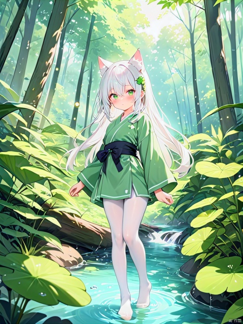 masterpiece, best quality,1girl, green eyes, loli, animal ears, hair ornament, bangs, blush, hair between eyes, animal ear fluff, long hair, closed mouth, braid, nature, outdoors, full body, white pantyhose, green kimono, water drop, plant, forest, day, hairclip, white hair, clover hair ornament,Fireflies,standing